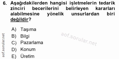 6. soru: Aşağıdakilerden hangisi işletmelerin tedarik zinciri becerilerini belirleyen kararları alabilmesine yönelik unsurlard…