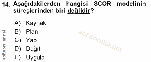 14. soru: Aşağıdakilerden hangisi SCOR modelinin süreçlerinden biri değildir? A) Kaynak B) Plan C) Yap D) Dağıt E) Uygula