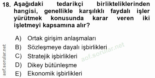 18. soru: Aşağıdaki tedarikçi birlikteliklerinden hangisi, genellikle karşılıklı faydalı işler yürütmek konusunda karar veren i…