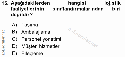15. soru: Aşağıdakilerden hangisi lojistik faaliyetlerinin sınıflandırmalarından biri değildir? A) Taşıma B) Ambalajlama C) Per…