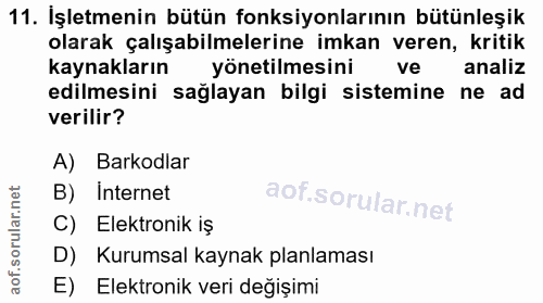 11. soru: İşletmenin bütün fonksiyonlarının bütünleşik olarak çalışabilmelerine imkan veren, kritik kaynakların yönetilmesini v…