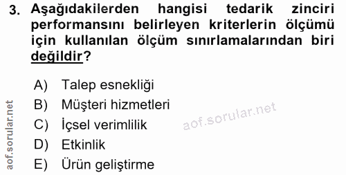 3. soru: Aşağıdakilerden hangisi tedarik zinciri performansını belirleyen kriterlerin ölçümü için kullanılan ölçüm sınırlamala…