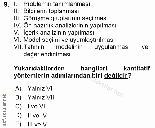 9. soru: 1. Problemin tanimlanması II. Bilgilerin toplanması III. Görüşme gruplarının seçilmesi IV. On hazırlık analizlerinin…