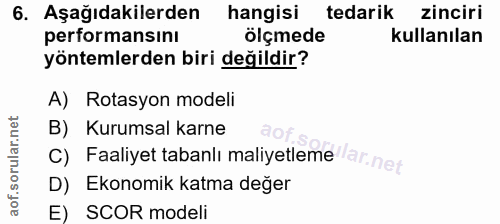 6. soru: Aşağıdakilerden hangisi tedarik zinciri performansını ölçmede kullanılan yöntemlerden biri değildir? A) Rotasyon mode…