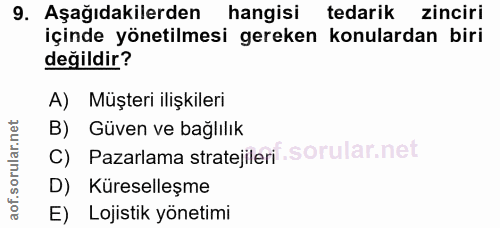 9. soru: Aşağıdakilerden hangisi tedarik zinciri içinde yönetilmesi gereken konulardan biri değildir? A) Müşteri ilişkileri B)…