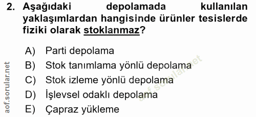 2. soru: Aşağıdaki depolamada kullanılan yaklaşımlardan hangisinde ürünler tesislerde fiziki olarak stoklanmaz? A) Parti depol…