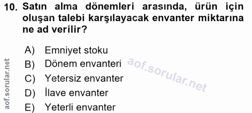 10. soru: Satın alma dönemleri arasında, ürün için oluşan talebi karşılayacak envanter miktarına ne ad verilir? B) Dönem envant…