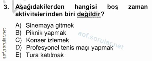 3. soru: Aşağıdakilerden hangisi boş zaman aktivitelerinden biri değildir? A) Sinemaya gitmek B) Piknik yapmak C) Konser izlem…