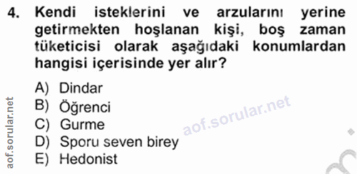 4. soru: Kendi isteklerini ve arzularını yerine getirmekten hoşlanan kişi, boş zaman tüketicisi olarak aşağıdaki konumlardan h…