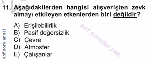 11. soru: Aşağıdakilerden hangisi alışverişten zevk almayı etkileyen etkenlerden biri değildir? A) Erişilebilirlik B) Pasif değ…