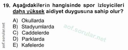 19. soru: Aşağıdakilerin hangisinde spor izleyicileri daha yüksek aidiyet duygusuna sahip olur? A) Okullarda B) Stadyumlarda C)…