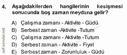 4. soru: Aşağıdakilerden hangilerinin kesişmesi kesişmesi sonucunda boş zaman meydana gelir? A) Çalışma zamanı - Aktivite - Gü…