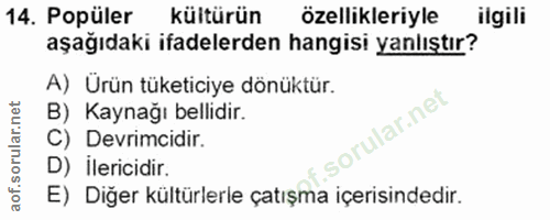 14. soru: Popüler kültürün özellikleriyle ilgili aşağıdaki ifadelerden hangisi yanlıştır? A) Ürün tüketiciye dönüktür. B) Kayna…