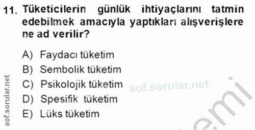 11. soru: Tüketicilerin günlük ihtiyaçlarını tatmin edebilmek amacıyla yaptıkları alışverişlere ne ad verilir? A) Faydacı tüket…