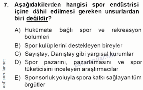 7. soru: Aşağıdakilerden hangisi spor endüstrisi içine dâhil edilmesi gereken unsurlardan biri değildir? A) Hükümete bağlı spo…