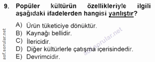 9. soru: Popüler kültürün özellikleriyle ilgili aşağıdaki ifadelerden hangisi yanlıştır? A) Ürün tüketiciye dönüktür. B) Kayna…