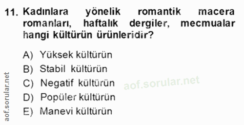 11. soru: Kadınlara yönelik romantik macera romanları, haftalık dergiler, mecmualar hangi kültürün ürünleridir? A) Yüksek kültü…