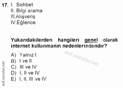 17. soru: I. Sohbet II. Bilgi arama IlI. Alışveriş IV.Eğlence Yukarıdakilerden hangileri genel olarak internet kullanmanın nede…