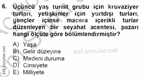 6. soru: Uçüncü yaş turist grubu için kruvaziyer turları, yetişkinler" için yurtdışı turları, gençler içinse macera içerikli t…
