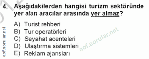 4. soru: Aşağıdakilerden hangisi turizm sektöründe yer alan aracılar arasında yer almaz? A) Turist rehberi B) Tur operatörleri…