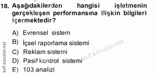 18. soru: Aşağıdakilerden hangisi işletmenin gerçekleşen performansına ilişkin bilgileri içermektedir? A) Evrensel sistem B) İç…