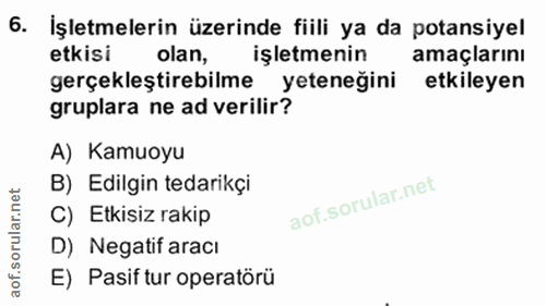 6. soru: İşletmelerin üzerinde fiili ya da potansiyel etkisi olan, işletmenin amaçlarını gerçekleştirebilme yeteneğini etkiley…