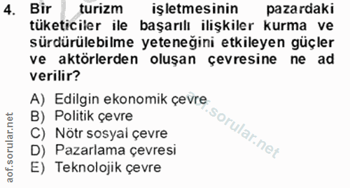 4. soru: Bir turizm işletmesinin pazardaki tüketiciler ile başarılı ilişkiler kurma ve sürdürülebilme yeteneğini etkileyen güç…