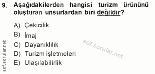 9. soru: Aşağıdakilerden hangisi turizm ürününü oluşturan unsurlardan biri değildir? A) Çekicilik B) imaj C) Dayanıklılık D) T…