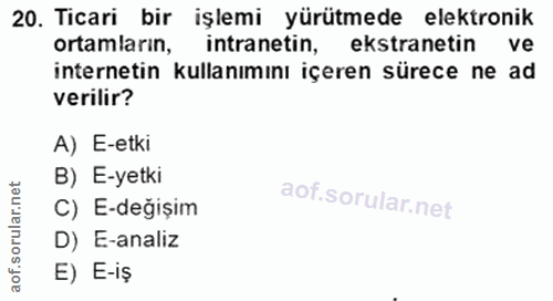 20. soru: Ticari bir işlemi yürütmede elektronik ortamların, intranetin, ekstranetin ve internetin kullanımını içeren sürece ne…