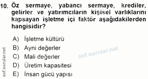 10. soru: Öz sermaye, yabancı sermaye, krediler, gelirler ve yatırımcıların kişisel varlıklarını kapsayan işletme içi faktör aş…