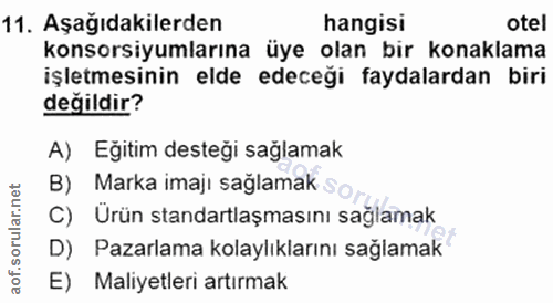 11. soru: Aşağıdakilerden hangisi otel konsorsiyumlarına üye olan bir konaklama işletmesinin elde edeceği faydalardan biri deği…