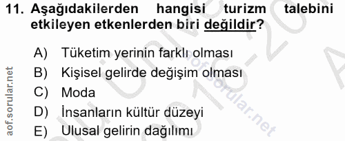 11. soru: Aşağıdakilerden hangisi turizm talebini etkileyen etkenlerden biri değildir? A) Tüketim yerinin farklı olması B) Kişi…