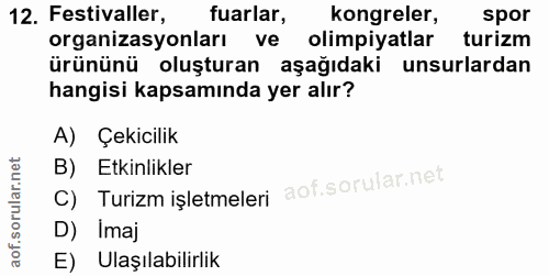 12. soru: Festivaller, fuarlar, Kongreler, spor organizasyonları ve olimpiyatlar turizm ürününü oluşturan aşağıdaki unsurlardan…