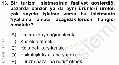 13. soru: Bir turizm işletmesinin faaliyet gösterdiği pazarda benzer ya da aynı ürünleri üreten çok sayıda işletme varsa bu işl…