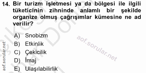 14. soru: Bir turizm işletmesi ya da bölgesi ile ilgili tüketicinin zihninde anlamlı bir şekilde organize olmuş çağrışımlar küm…