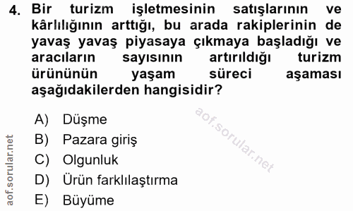 4. soru: Bir turizm işletmesinin satışlarının ve kärlılığının arttığı, bu arada rakiplerinin de yavaş yavaş piyasaya çıkmaya b…