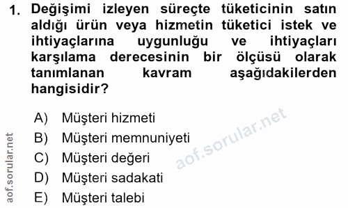 1. soru: Değişimi izleyen süreçte tüketicinin satın aldığı ürün veya hizmetin tüketici istek ve ihtiyaçlarına uygunlugu ve iht…