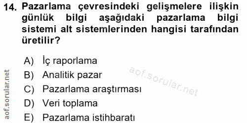 14. soru: Pazarlama çevresindeki gelişmelere ilişkin günlük bilgi aşağıdaki pazarlama bilgi sistemi alt sistemlerinden hangisi…