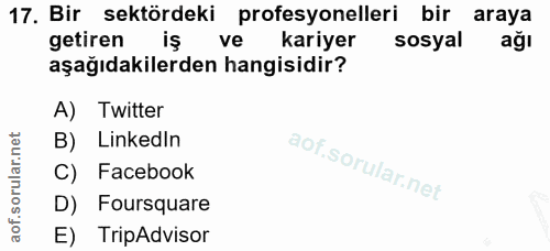 17. soru: Bir sektördeki profesyonelleri bir araya getiren iş ve kariyer sosyal aşağıdakilerden hangisidir? A) Twitter B) Linke…