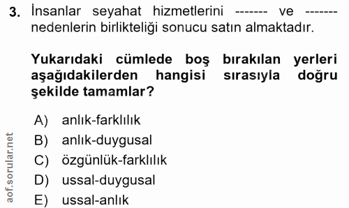 3. soru: Insanlar seyahat hizmetlerini -.... ve ... nedenlerin birlikteliği sonucu satın almaktadır. Yukarıdaki cümlede boş bı…