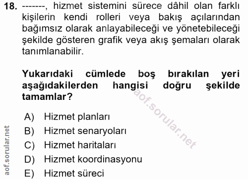 18. soru: ---- hizmet sistemini sürece dâhil olan farklı kişilerin kendi rolleri veya bakış açılarından bağımsız olarak anlayab…