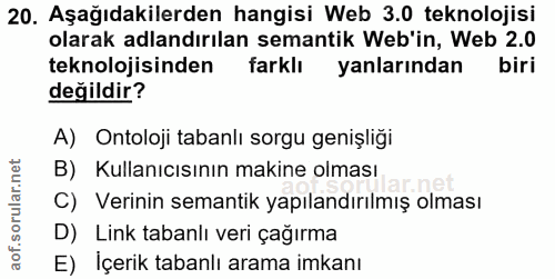 20. soru: Aşağıdakilerden hangisi Web 3.0 teknolojisi olarak adlandırılan semantik Web'in, Web 2.0 teknolojisinden farklı yanla…
