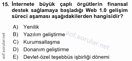 15. soru: Internete büyük çaplı örgütlerin finansal destek sağlamaya başladığı Web 1.0 gelişim süreci aşaması aşağıdakilerden h…
