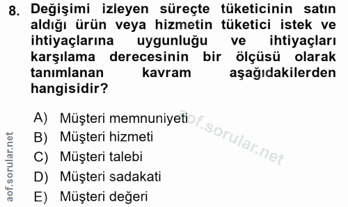 8. soru: Değişimi izleyen süreçte tüketicinin satın aldığı ürün veya hizmetin tüketici istek ve ihtiyaçlarına uygunluğu ve iht…