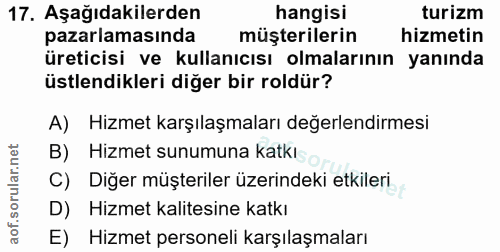 17. soru: Aşağıdakilerden hangisi turizm pazarlamasında müşterilerin hizmetin üreticisi ve kullanıcısı olmalarının yanında üstl…