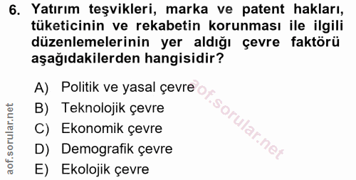 6. soru: Yatırım teşvikleri, marka ve patent hakları, tüketicinin ve rekabetin korunması ile ilgili düzenlemelerinin yer aldığ…