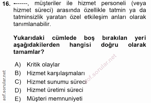 16. soru: - müşteriler ile hizmet personeli (veya hizmet süreci) arasında özellikle tatmin ya da tatminsizlik yaratan özel etki…