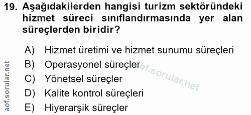 19. soru: Aşağıdakilerden hangisi turizm sektöründeki hizmet süreci sınıflandırmasında yer alan süreçlerden biridir? B) Operasy…