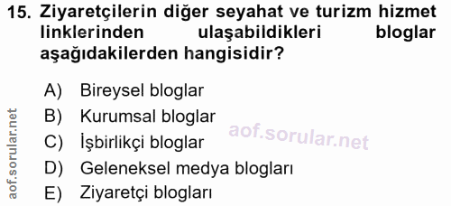 15. soru: Ziyaretçilerin diğer seyahat ve turizm hizmet linklerinden ulaşabildikleri bloglar aşağıdakilerden hangisidir? A) Bir…