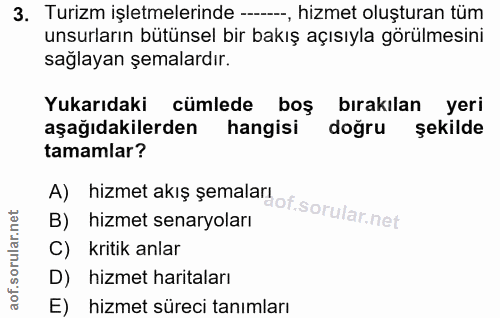 3. soru: Turizm işletmelerinde -., hizmet oluşturan tüm unsurların bütünsel bir bakış açısıyla görülmesini saglayan şemalardır…